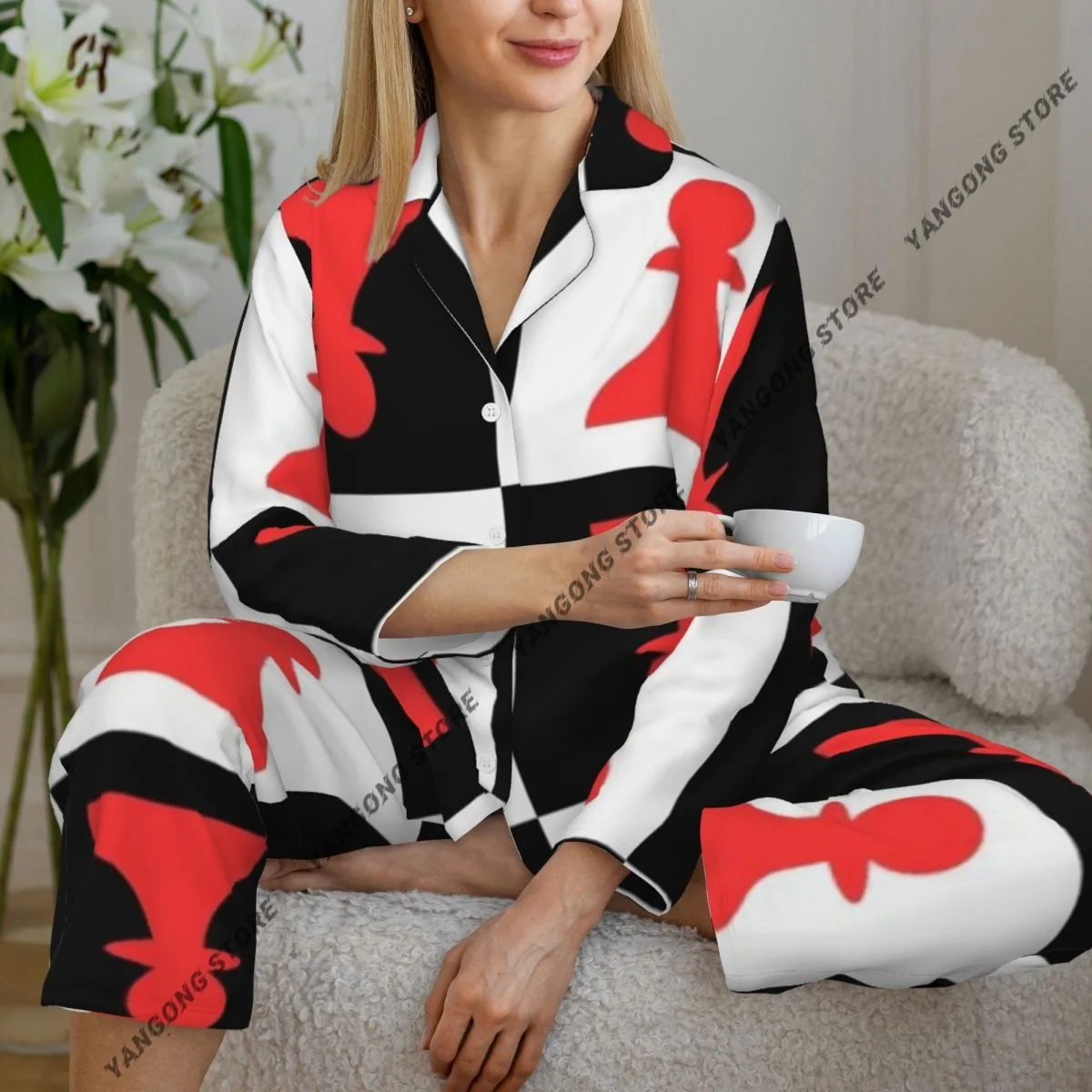 

Женские пижамы Chess Pawn, одежда для дома, одежда для сна из двух предметов, длинный пижамный комплект на пуговицах с длинными рукавами