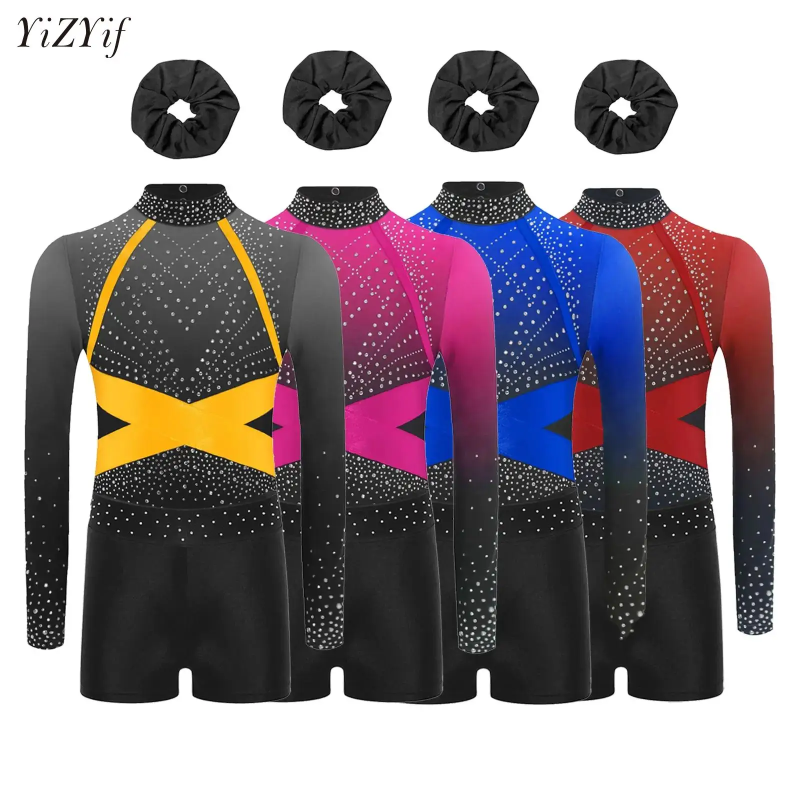 

Kids Girls Ballet Gymnastics Leotard Sets Rhinestones Bodysuit with Shorts Hairband Suit Athletic Unitard Biketard Dance Outfits