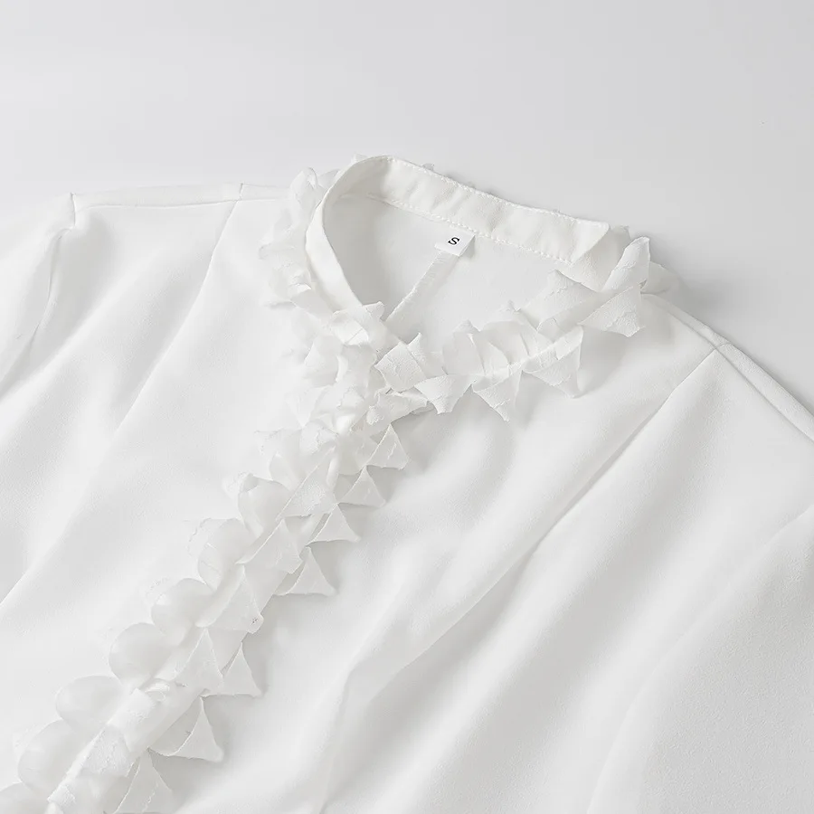 

Topenomi White Tierred Fungus Edge Long Sleeve Shirt Women 2025 Autumn Round Neck Loose Designer Tops Elegant Versatile Blouse