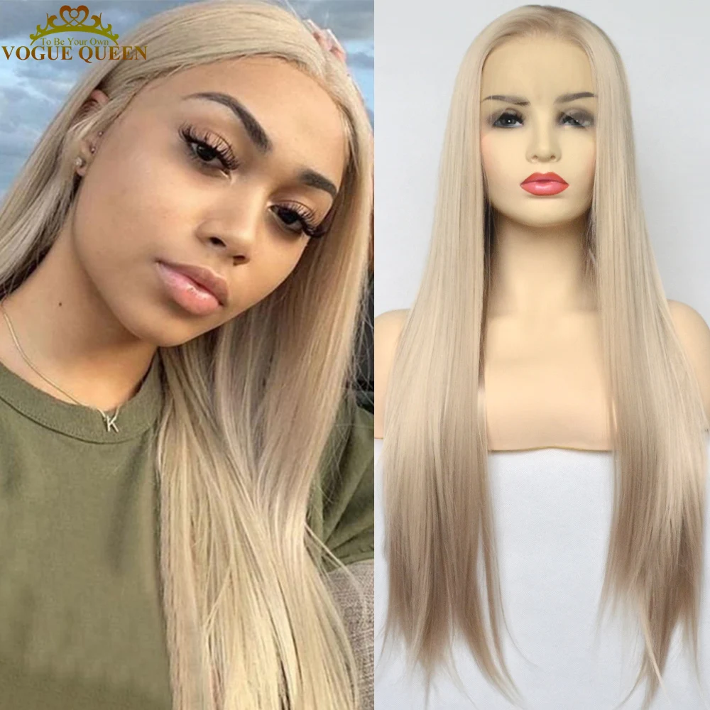 Voguequeen Natural Blonde Synthetic Lace Front Wig Pre Plucked Heat Resistant Fiber Gold Blonde Color For Women