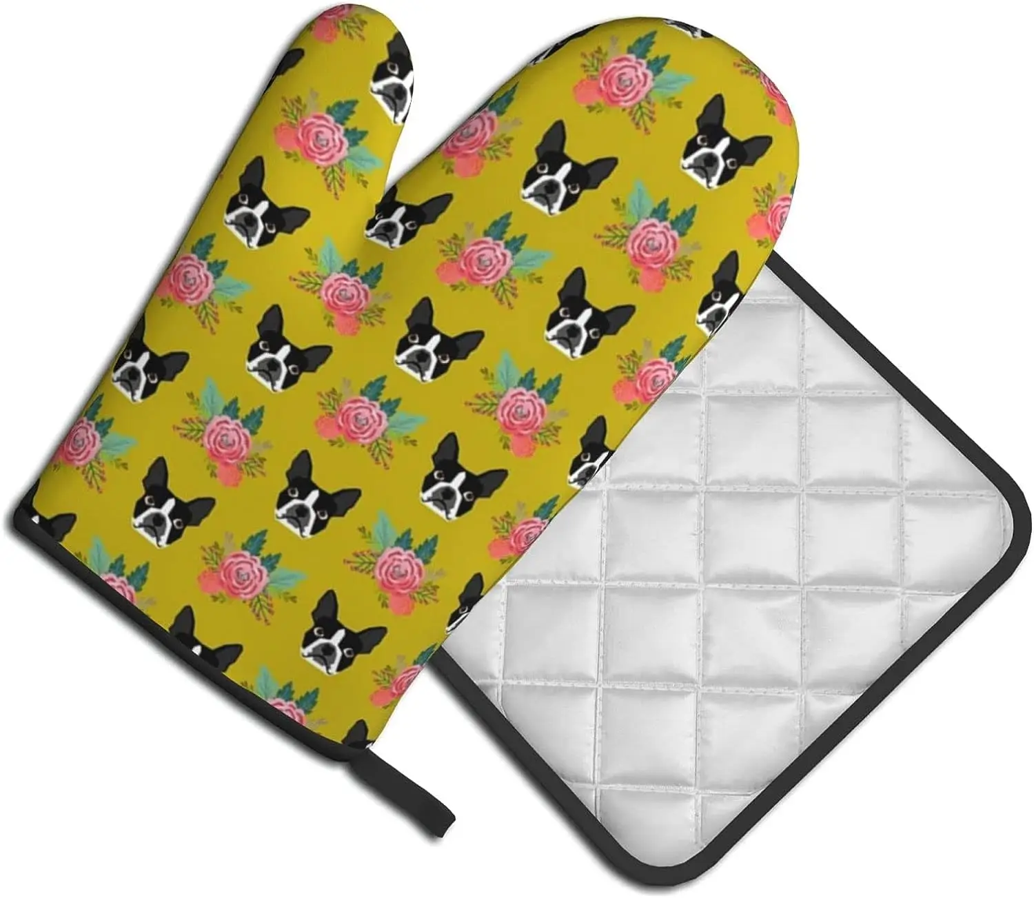 Boston Terrier Florals Cute Dog Face Flowers Dogs Oven Mitts and Pot Holders Kitchen Counter Safe Trivet Mats,Heat Resistance