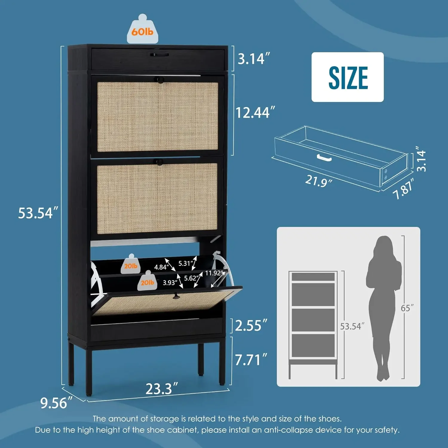 Freestanding Shoe Cabinet with 3 Flip Drawers, 2 Layer Shoe Shelf, Natural Rattan Shoe Storage Organizer,(1 Piece, Black)