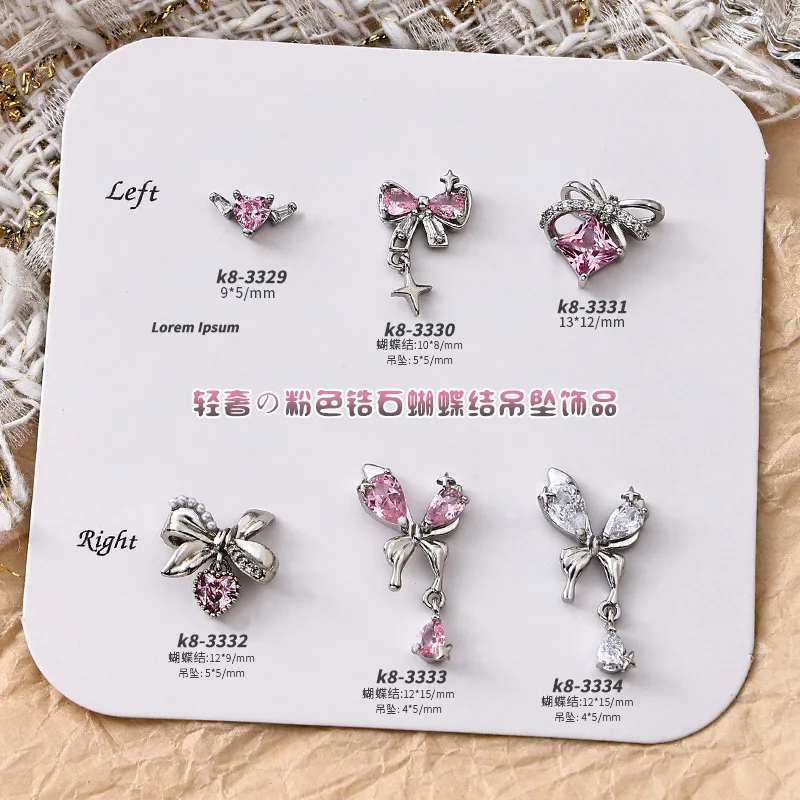 5pcs Nail Art Rhinestones Luxury Pink Zircon Bow Knot Pendant Jewelry Parts Accessories For Manicure Nails Decoration Supplies