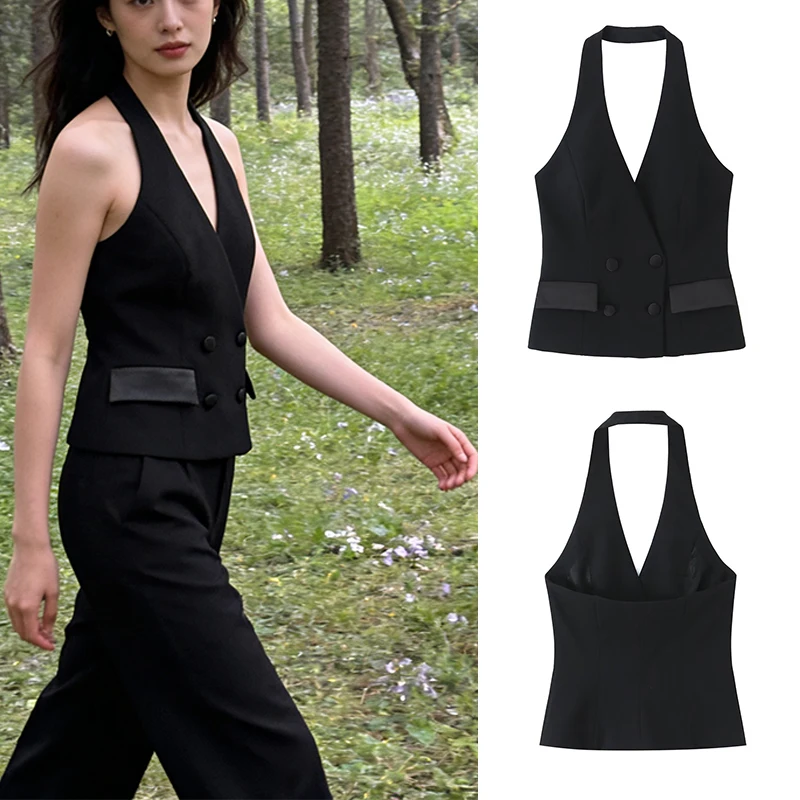 

Женский черный двубортный жилет с бретелькой на шее - официальный жилет без рукавов для вечеринок и офисов