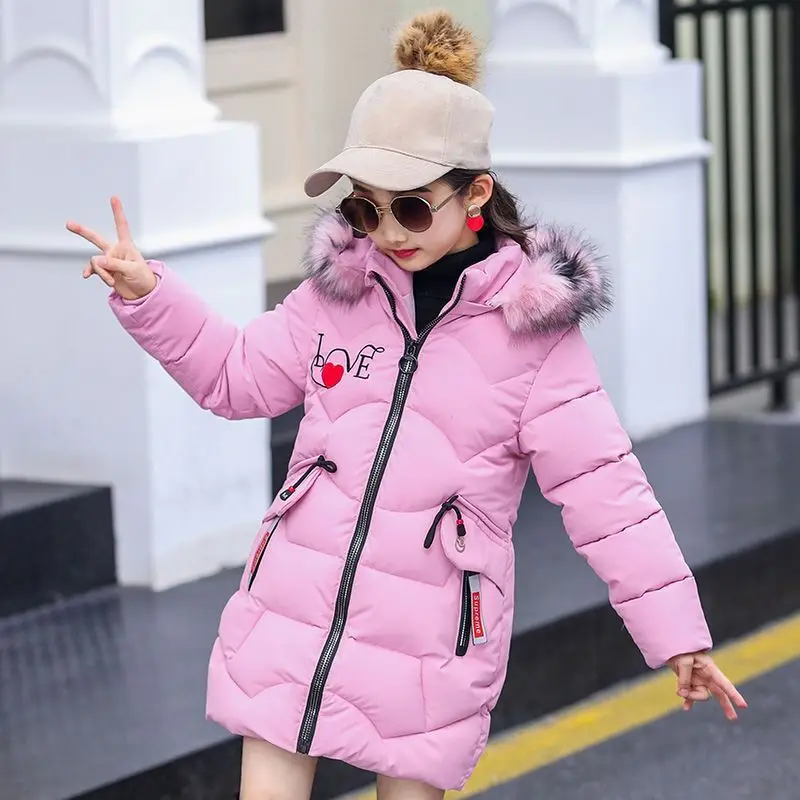 3-12T Girls\' Coat Big Fur Collar Hooded Jacket Casual Winter Thick Warm Cotton Coat Mid-length Down Jacket Girls Quilted Jacket