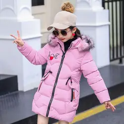 3-12T Girls' Coat Big Fur Collar Hooded Jacket Casual Winter Thick Warm Cotton Coat Mid-length Down Jacket Girls Quilted Jacket