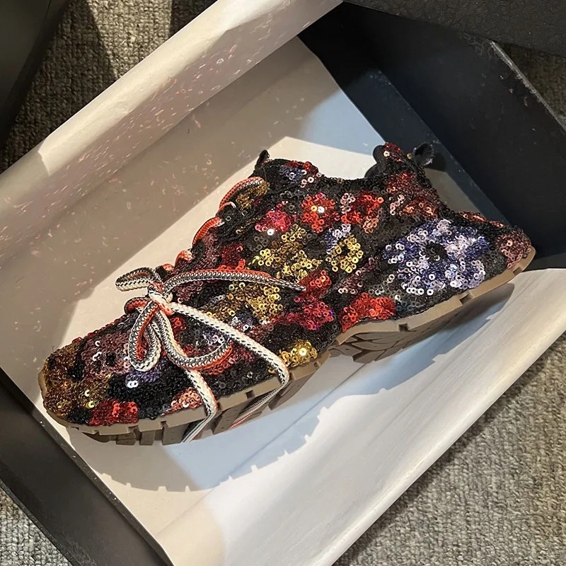 Women's Vintage Floral Sequin Chunky Platform Dad Shoes Lace Up Height Increasing Shiny Casual Daily Footwear Drop Shipping Gift