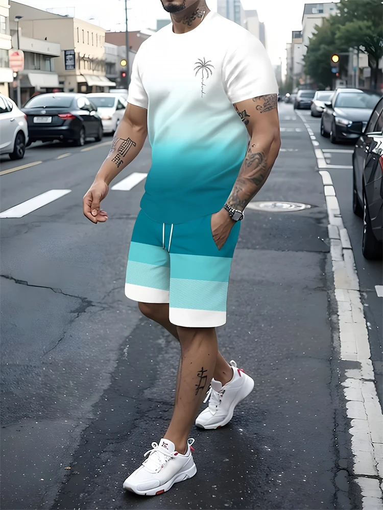 Summer Relaxed Short-Sleeve Set 3D Letter Print Casual Crew Neck Short-Sleeve Top Drawstring Shorts Outdoor Casual Two-Piece Set