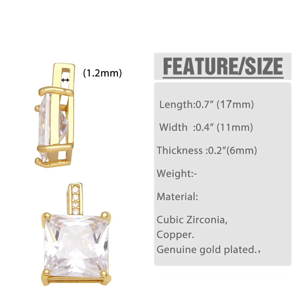 OCESRIO Trendy Square Pendant Copper Gold Plated Crystal CZ Necklace Pendant for Jewelry Making Supplies Wholesale pdta826