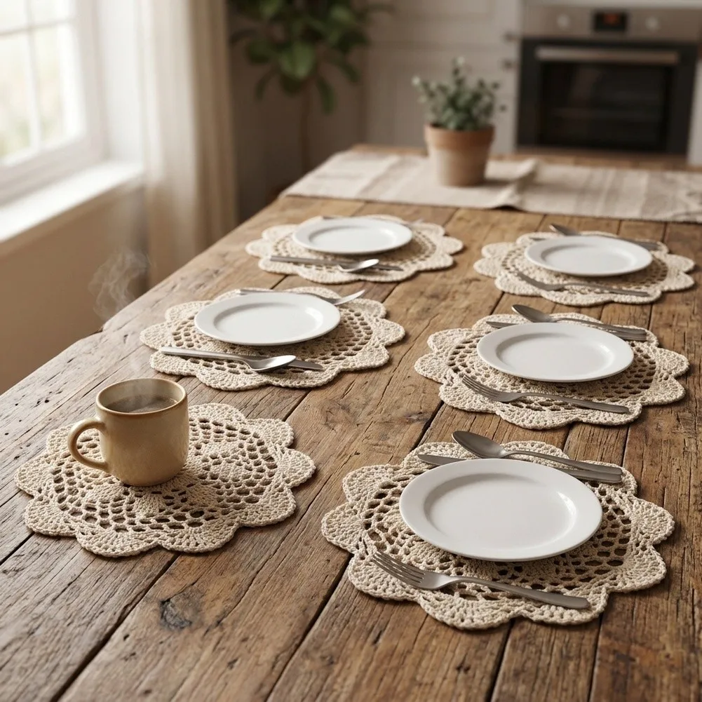 6 Pcs Hand Crocheted Cotton Round Lace Placemats 25Cm Floral Edge Coasters For Dining Table Kitchen Decor Home Textiles