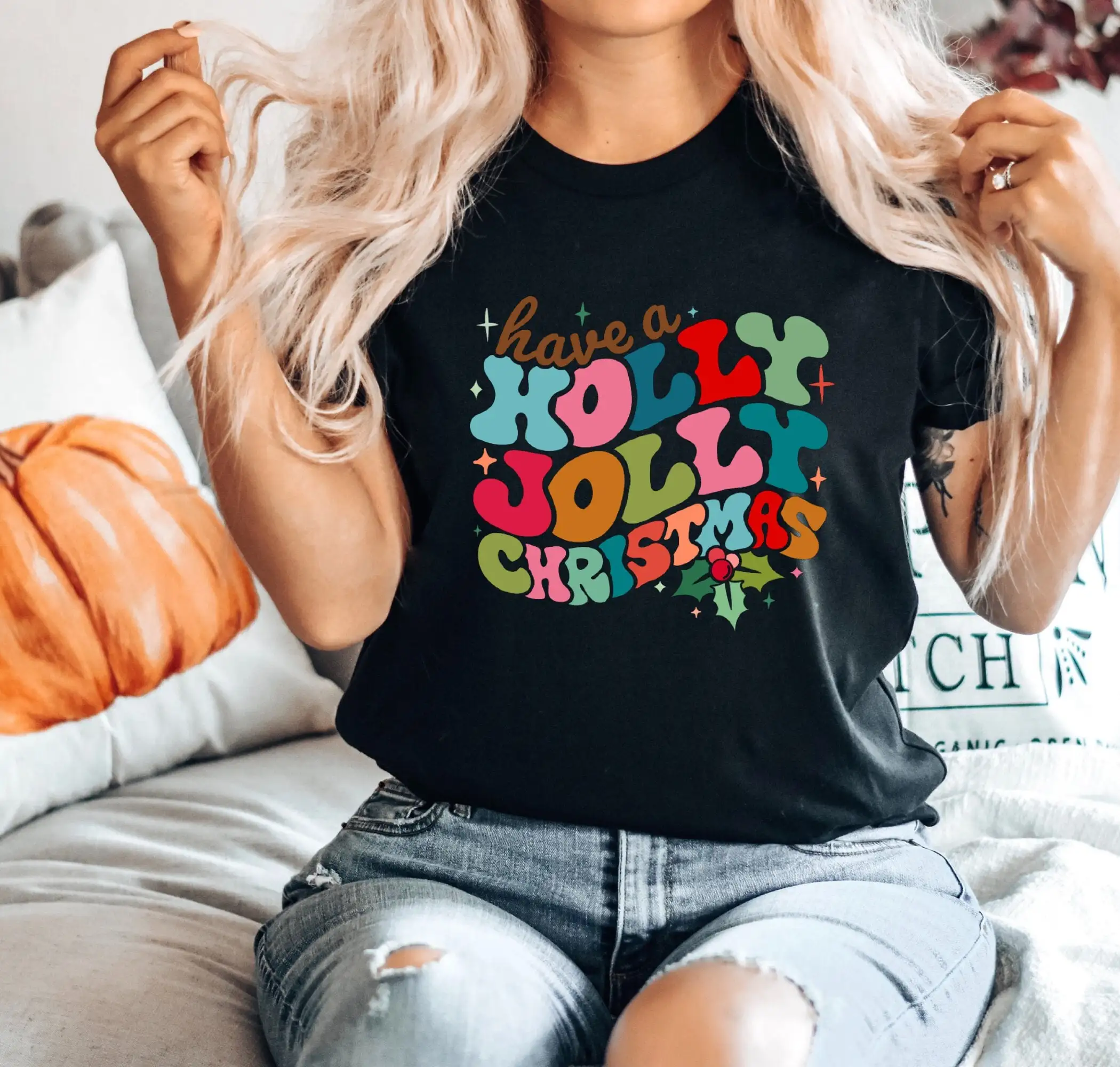 Holly Jolly Christmas T Shirt Cute Retro Trendy Holiday Women