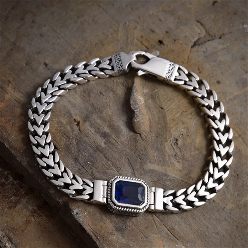 

New Arrival Rectangle Blue Crystal Bracelet Men Hand Accessories Trendy Wide Chain Bracelet Male Jewelry 18 20 22cm