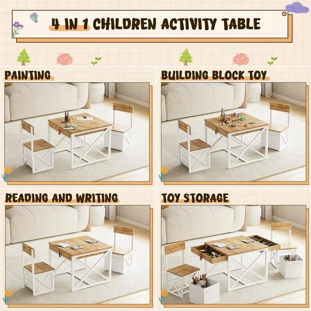 Kids Table and 2 Chairs Set, 4 in 1 Toddler Activity Table and Chairs Set with Storage, Children Desk and Chairs Set for Crafts, Drawing, Reading, Toddler Furniture Ideal for Learning Play