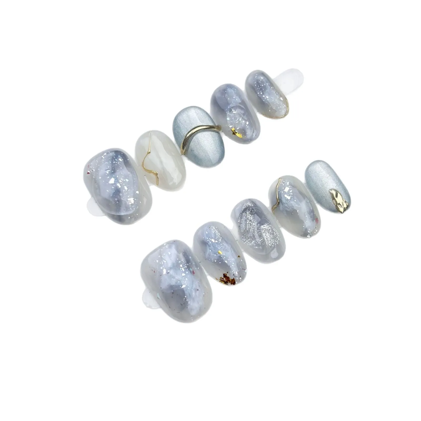 10개입 섬세한 캣아이 인조 손톱 블루 그레이 크리스탈 아크릴 네일 실버 글리터 프레스온 네일 스위트 숏 아몬드 페이크 네일