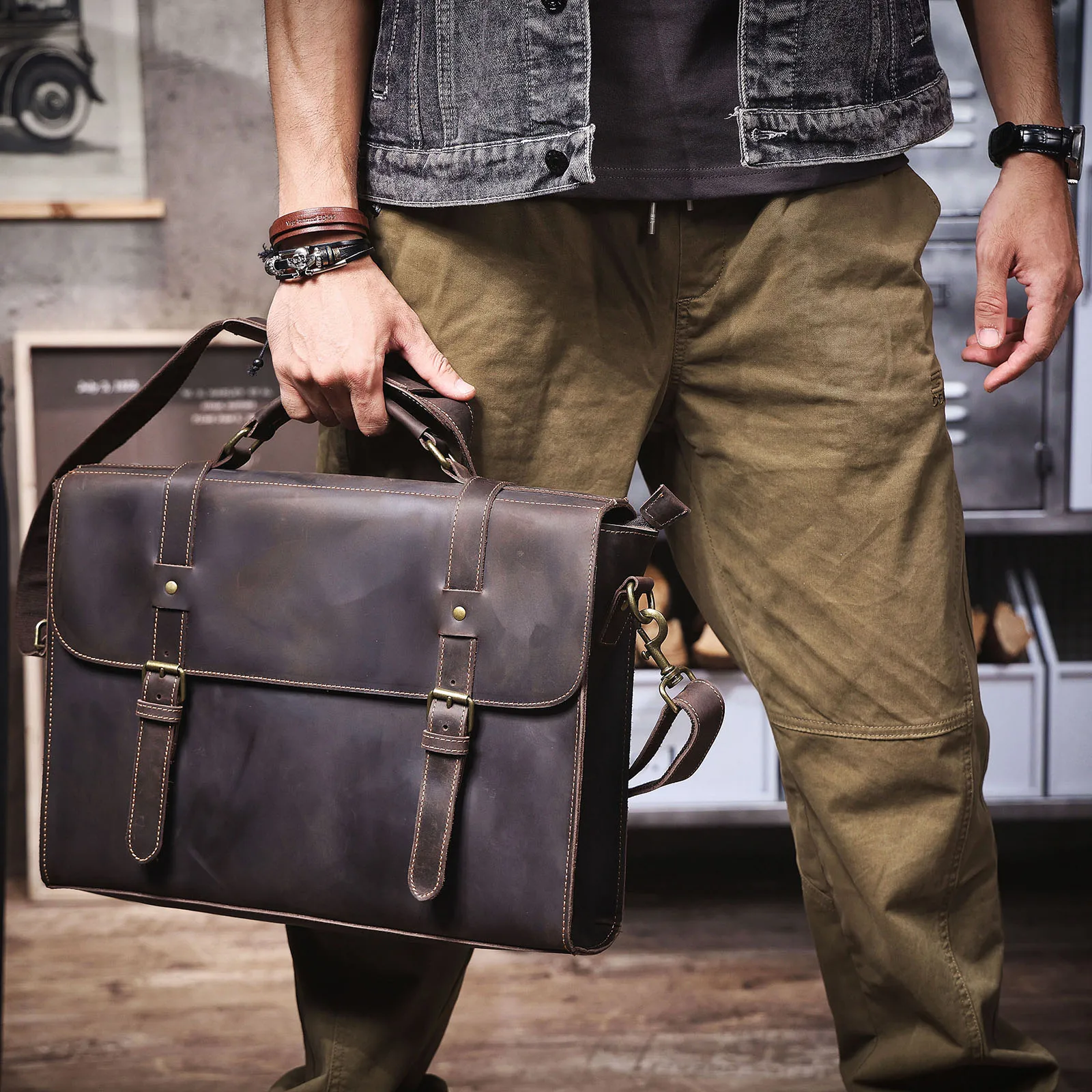 S.WORKER Vollnarbenleder 15" Laptop-Aktentasche Echtleder Herren Büro-Handtasche Messenger-Tasche Business-Bürotasche – Detail 4