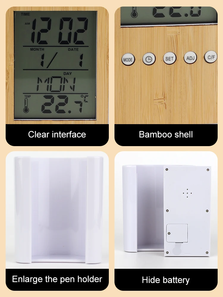 Bamboo sheet eco-friendly decorative panel, date alarm clock time display pen holder