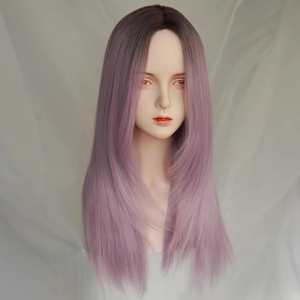 Synthetic Long Purple Mixed Wig Middle Part Lolita Cosplay Natural Fluffy Women Hair Heat Resistant Wig for Daily Party