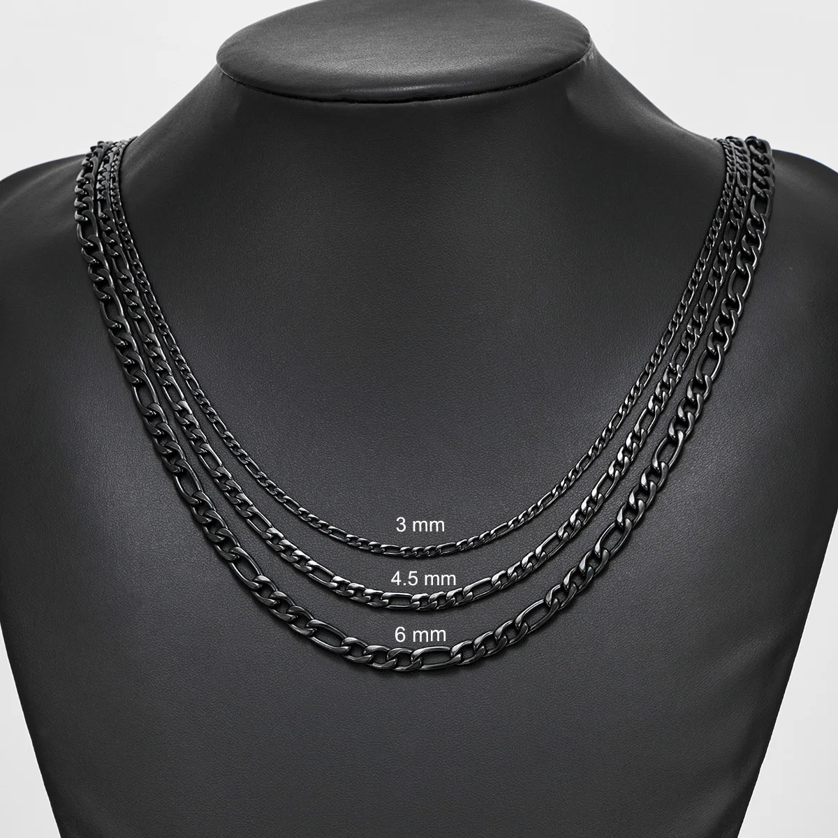 Thickness 3mm/4.5mm/6mm Black Color Figaro Chain Stainless Steel Link Classic Necklace for Men Women Jewelry 16 to 40 Inches