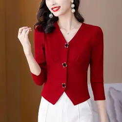 Elegant V-Neck Solid Color Spliced All-match Folds Blouse Women's Clothing Autumn New Casual Pullovers Loose Commute Shirt