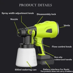 Electric Tool Electric Spray Gun For RYOBI 18V Battery 200W 800ML Cordless Paint Sprayer Furniture Steel Coating Airbrush