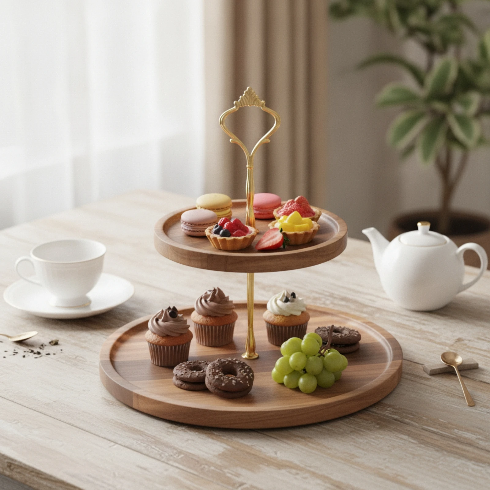 2-Tier Dessert Stand Tiered Dessert Stand with Wooden Trays Cake Stand Sturdy Food Platter Easy to Assemble for Hosts