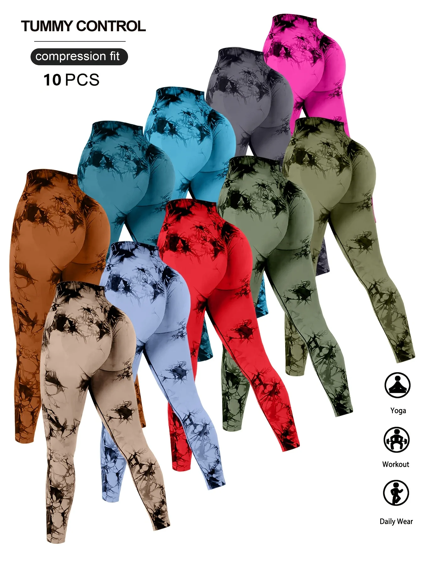 Celana Yoga QGU 10-Piece High-Waisted Tummy-Control, Legging Fitness Tie-Dye, Celana Olahraga Stretch Pengangkat Bokong