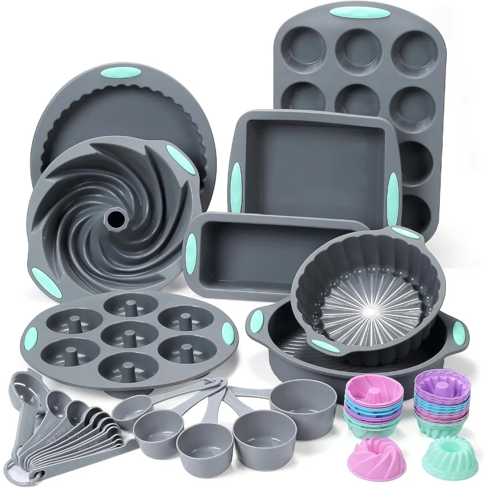 49 Pieces Silicone Bakeware Set, Heat Resistant Silicone Baking Pans, Bread and Muffin, with Measuring Cups and Spoons Set