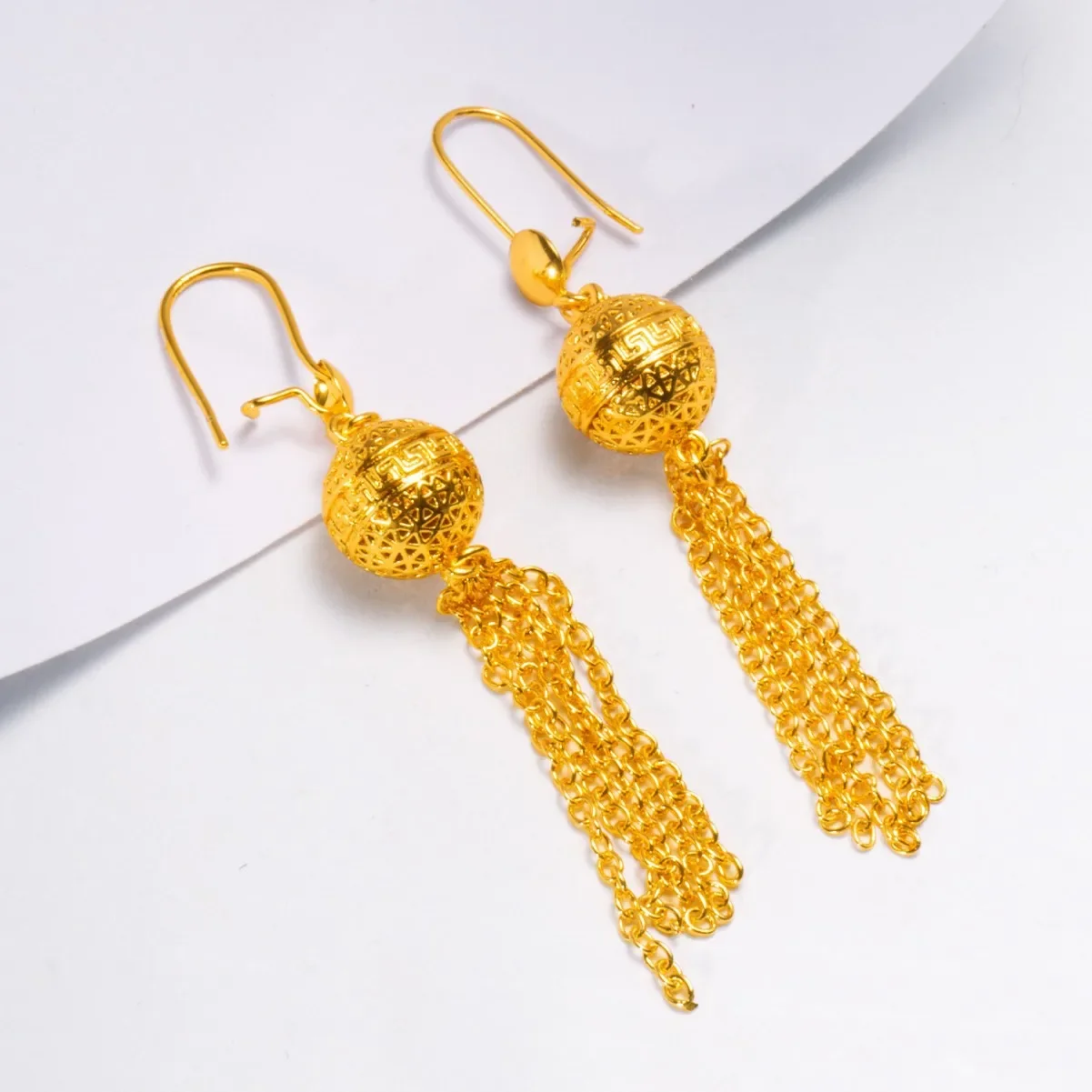 9999 gold long dangling earrings with pearl fringes for wholesale purchase
