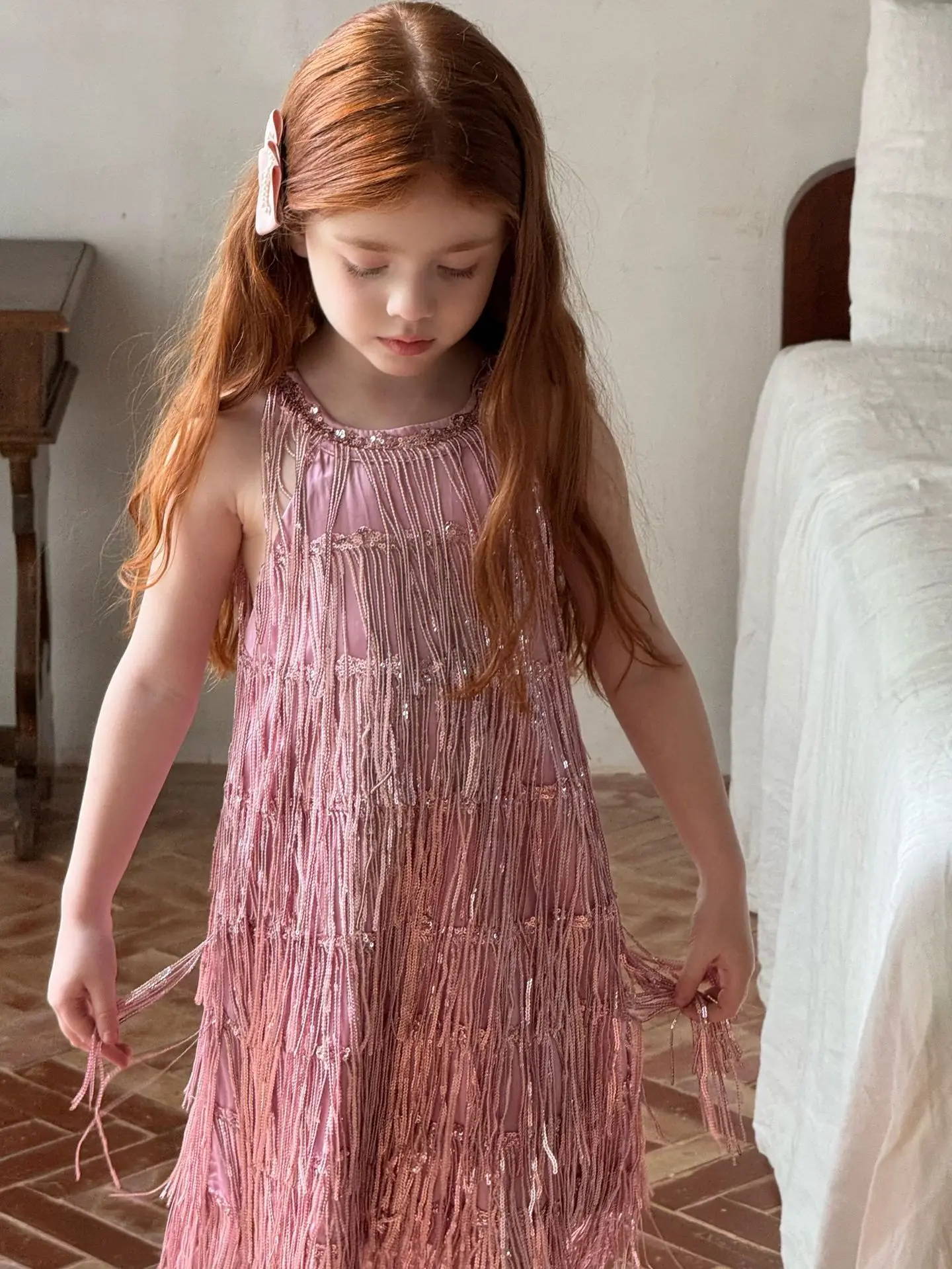 Girls Dress 2025 Summer New Children Fashionable High End Tassel Glitter Vest Dress Girls Birthday Dress