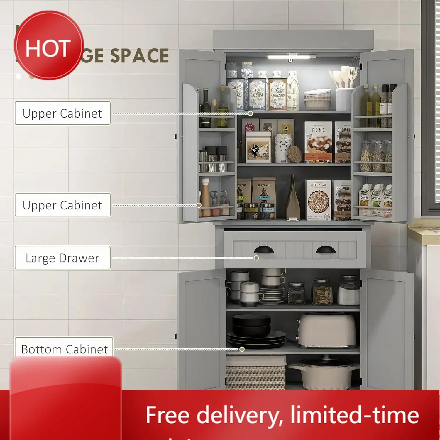 

Ограниченная по времени распродажа XMSJ: 71-дюймовый кухонный шкаф-кладовка с датчиком движения, высокий шкаф для хранения с 6 дверцами и полками, для гостиной