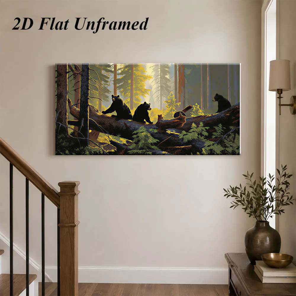(1PC Unframe)1 forest black bear frameless decorative painting with natural theme, wild animals, forest scene, 2D plan
