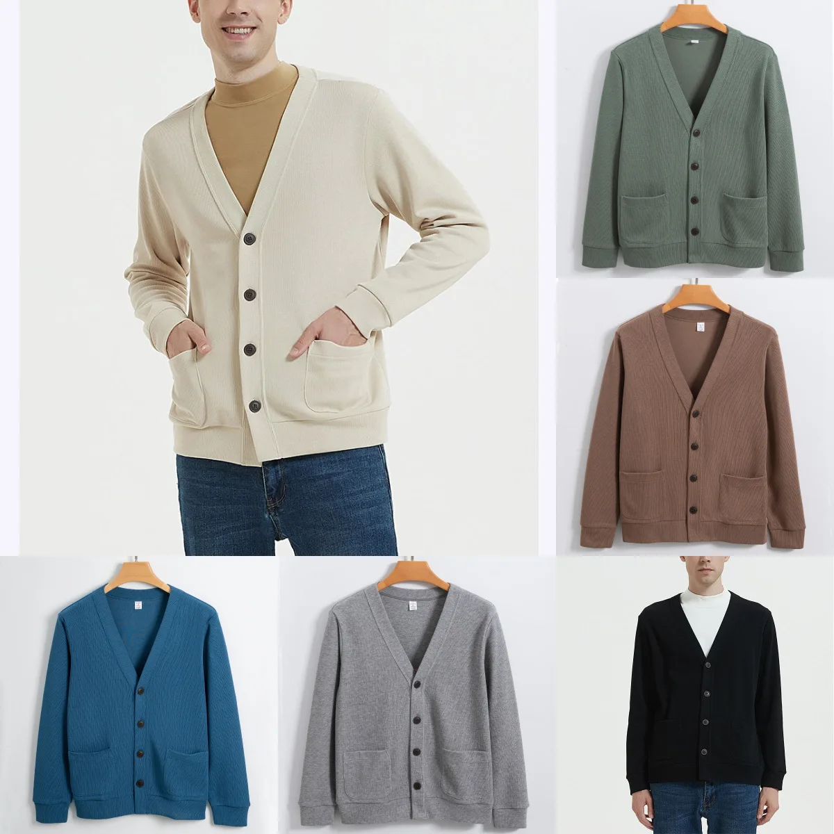 

Men's Jackets V-neck Sweater Knitted Coats Loose Solid Color Casual Cardigan Male Sweater Long Sleeve Cardigans Menswear