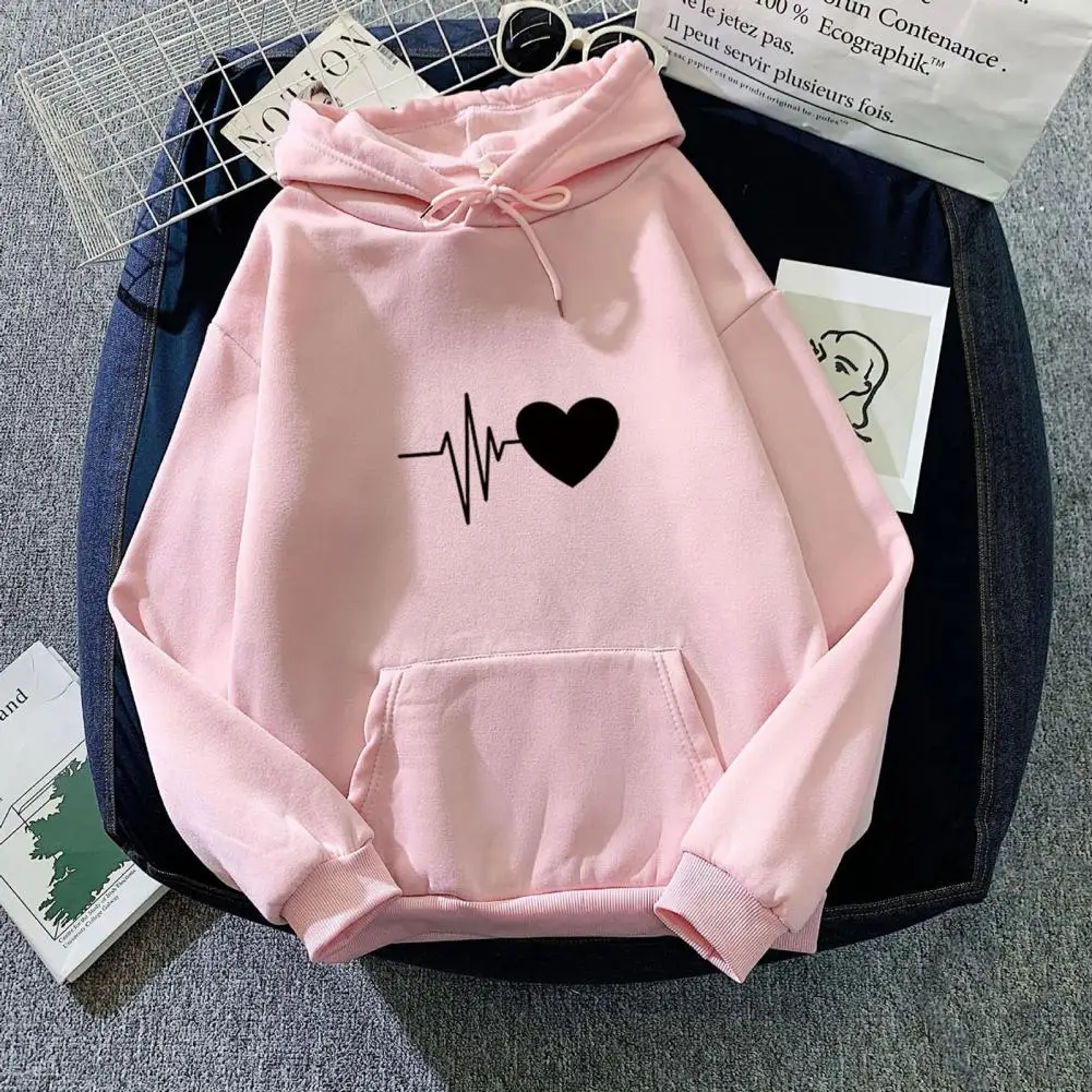 Unisex Fall Winter Hoodie Heart Print Hooded Loose Drawstring Sweatshirt Long Sleeve Pullover Thick Plush Warm Casual Hoodie