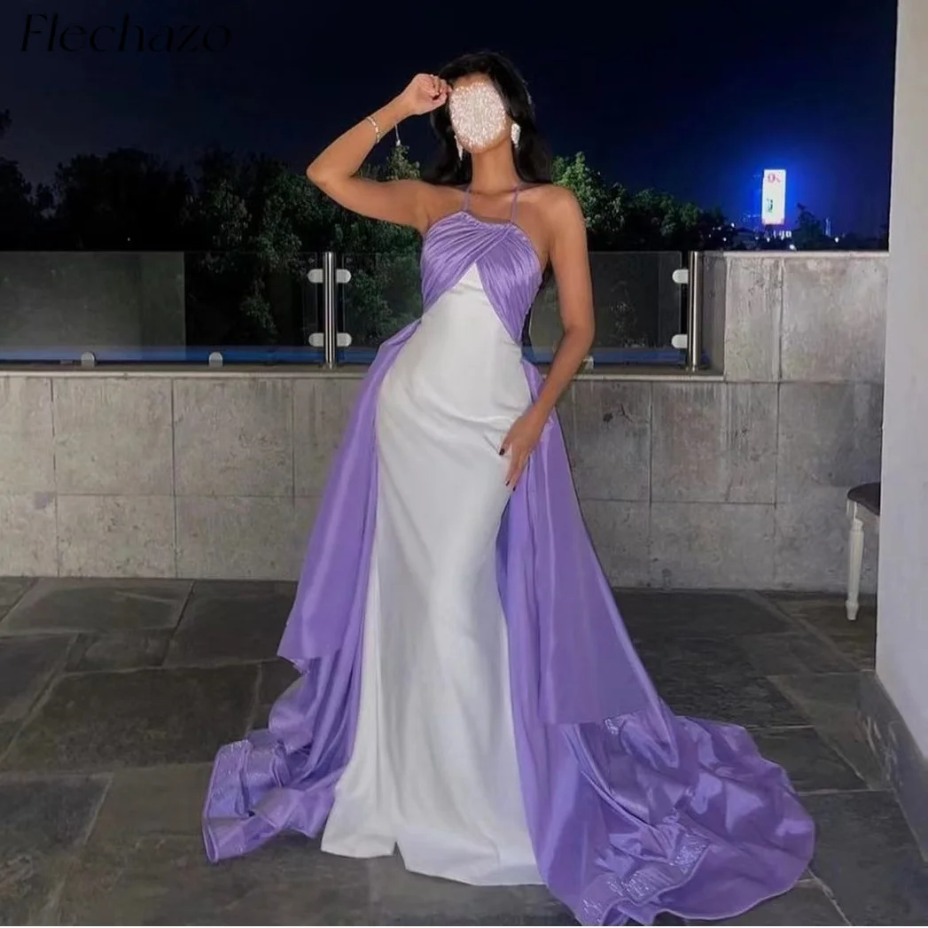 

Flechazo White-Purple Evening Dresses Halter Neck Sleeveless Pleated Mermaid Formal Party Dress For Women 2024 vestidos de noche