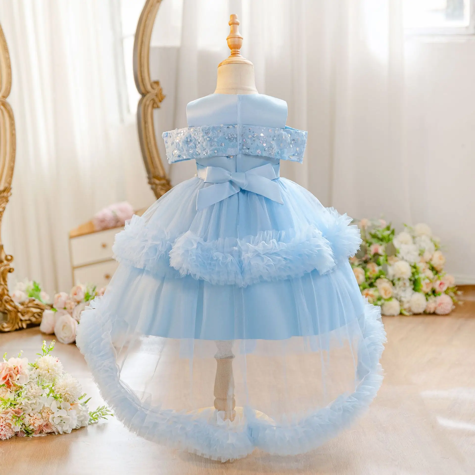 HETISO Girls High End Layered Dress Pearls Bowknot Princess Wedding Birthday Party Festivals Gown For Yong Kids 1-5 Years