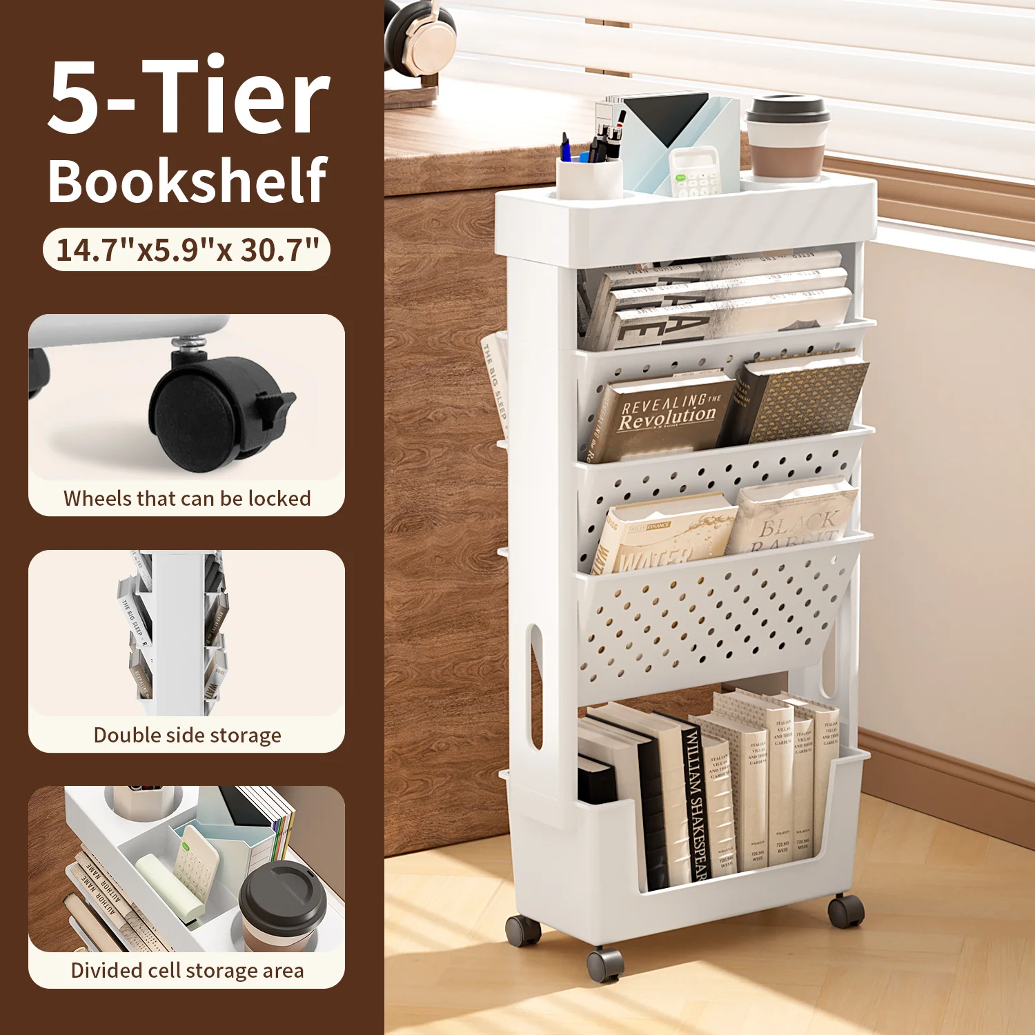 5-Tier Removable Magazine Newspaper Storage Rack, Book Storage Rack With Wheels, Tableside Bookshelf, Suitable For School, Class