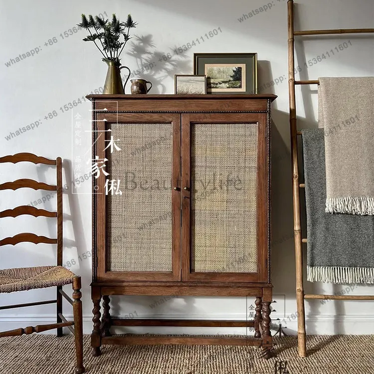 American retro solid wood dining side cabinet, double door rattan storage cabinet, which can be customized in one piece.
