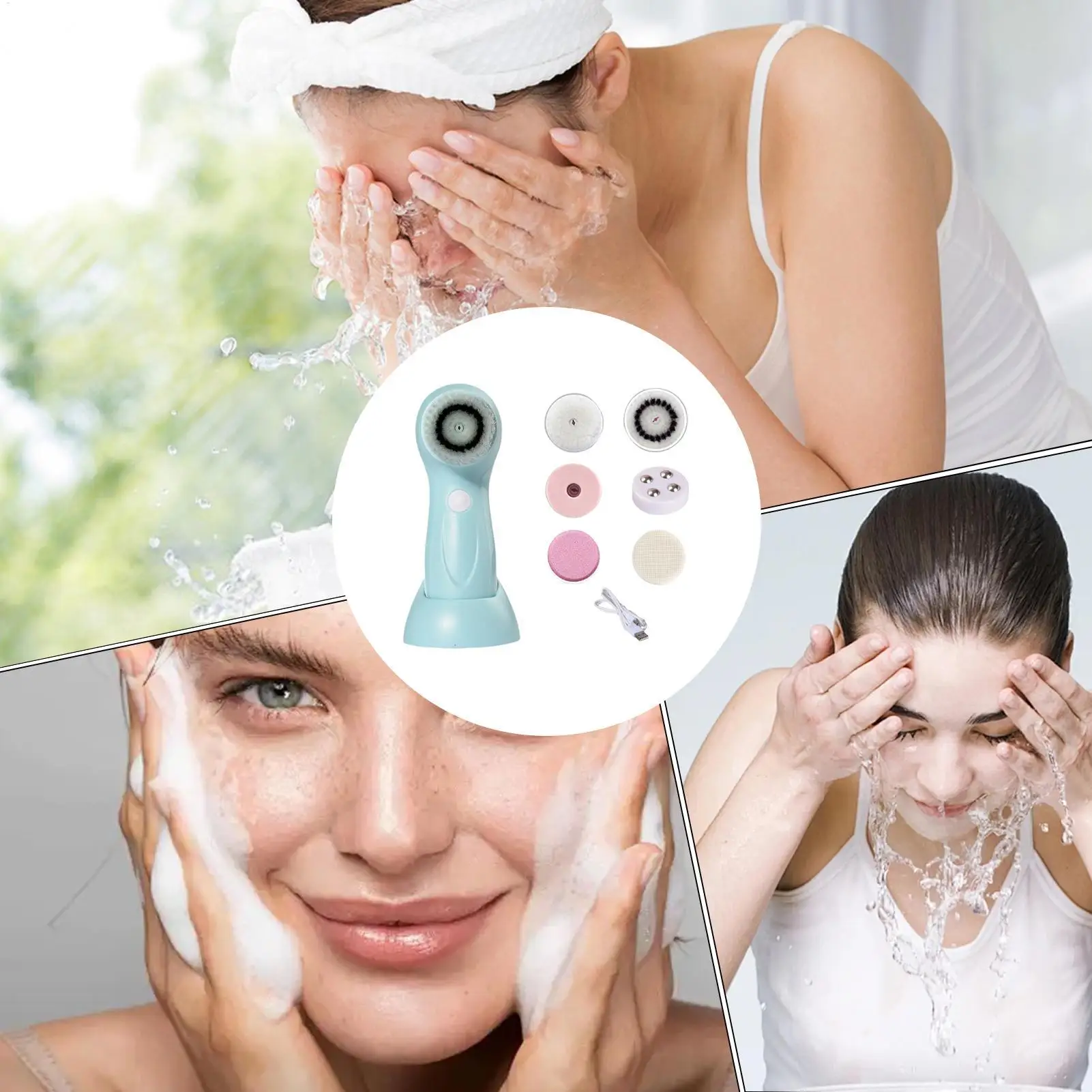 Gesichtsreinigungsbürste, Gesichtspeeling-Werkzeug mit 6 Bürstenköpfen, wiederaufladbares Hautpflege-Reinigungs- und Waschsystem für den Stirn des Körpers