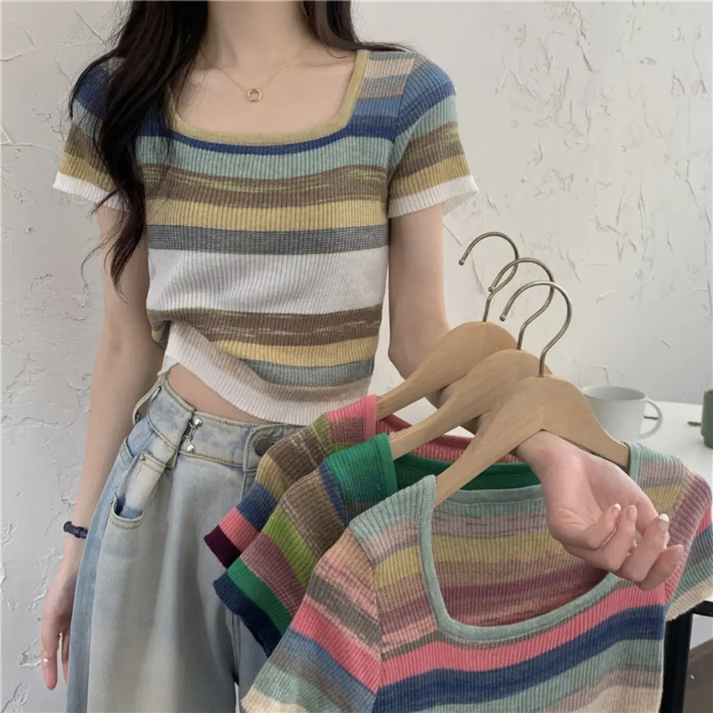 

Women's Rainbow Striped Square Collar Slim Fit T-Shirt Short Sleeve Summer Fashion Top