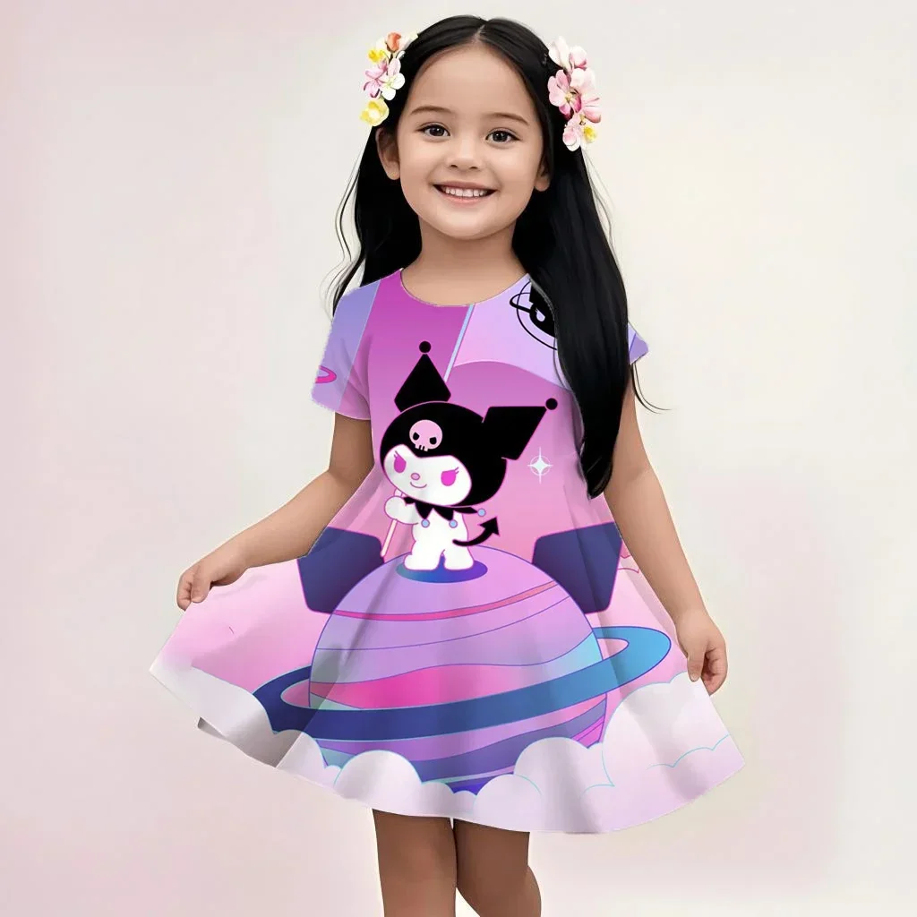 

Kuromi Summer Girls Skirt Short Sleeved Dress 3d Printed Cartoon Cute Children's Fashion Mnso Breathable Clothing Party Trend