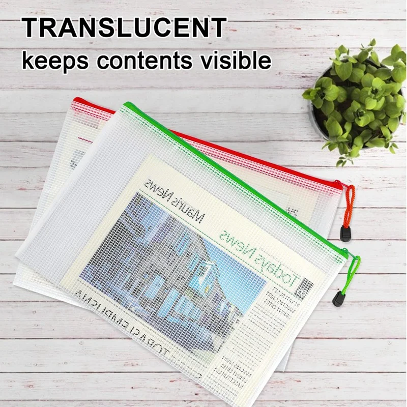 Mesh Zipper File Bolsas para Documento, Zipper Pouch, Pastas De Arquivo De Plástico, Tamanho Da Carta, Tamanho A4, Material De Escritório, 12Pcs