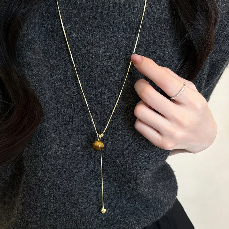 

2025 New Trendy Punk Tiger Eye Stone Long Sweater Chain Autumn Winter for Women Charm Aesthetic Jewelry Gift
