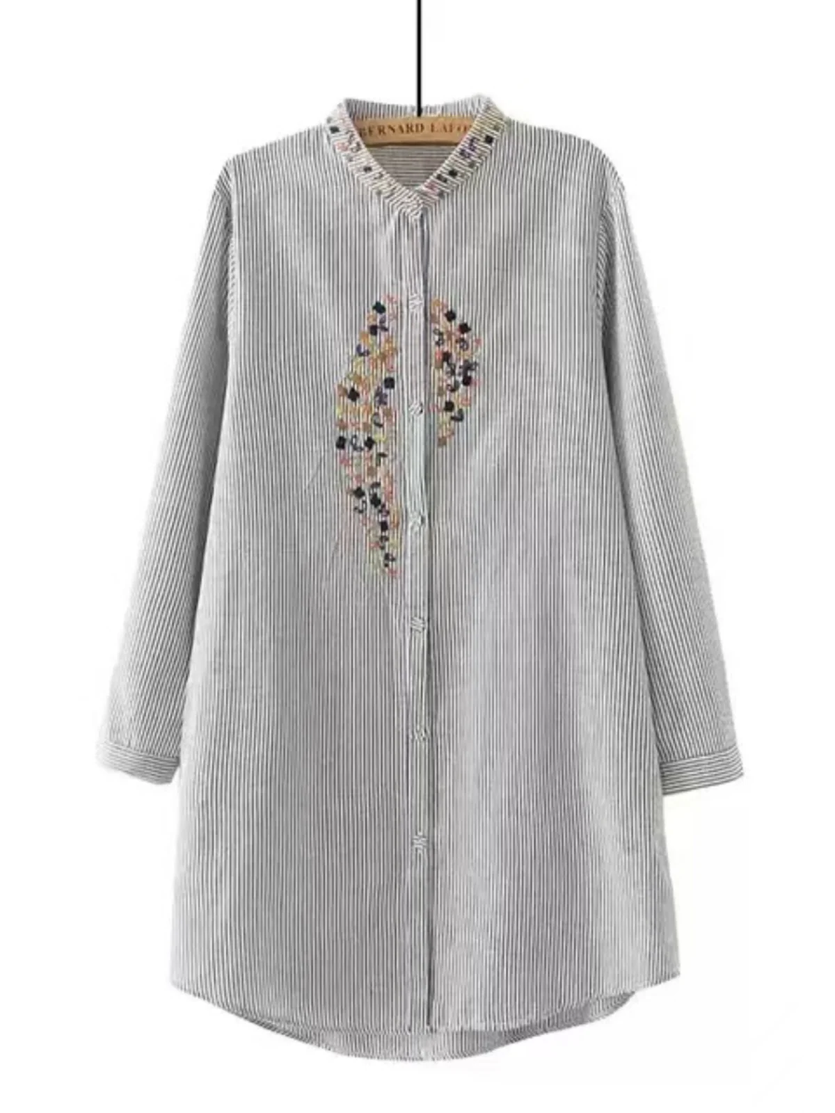 

Весенне-осенняя женская хлопковая блузка больших размеров с вышивкой Mommy Sle, полосатая женская блузка на пуговицах средней длины