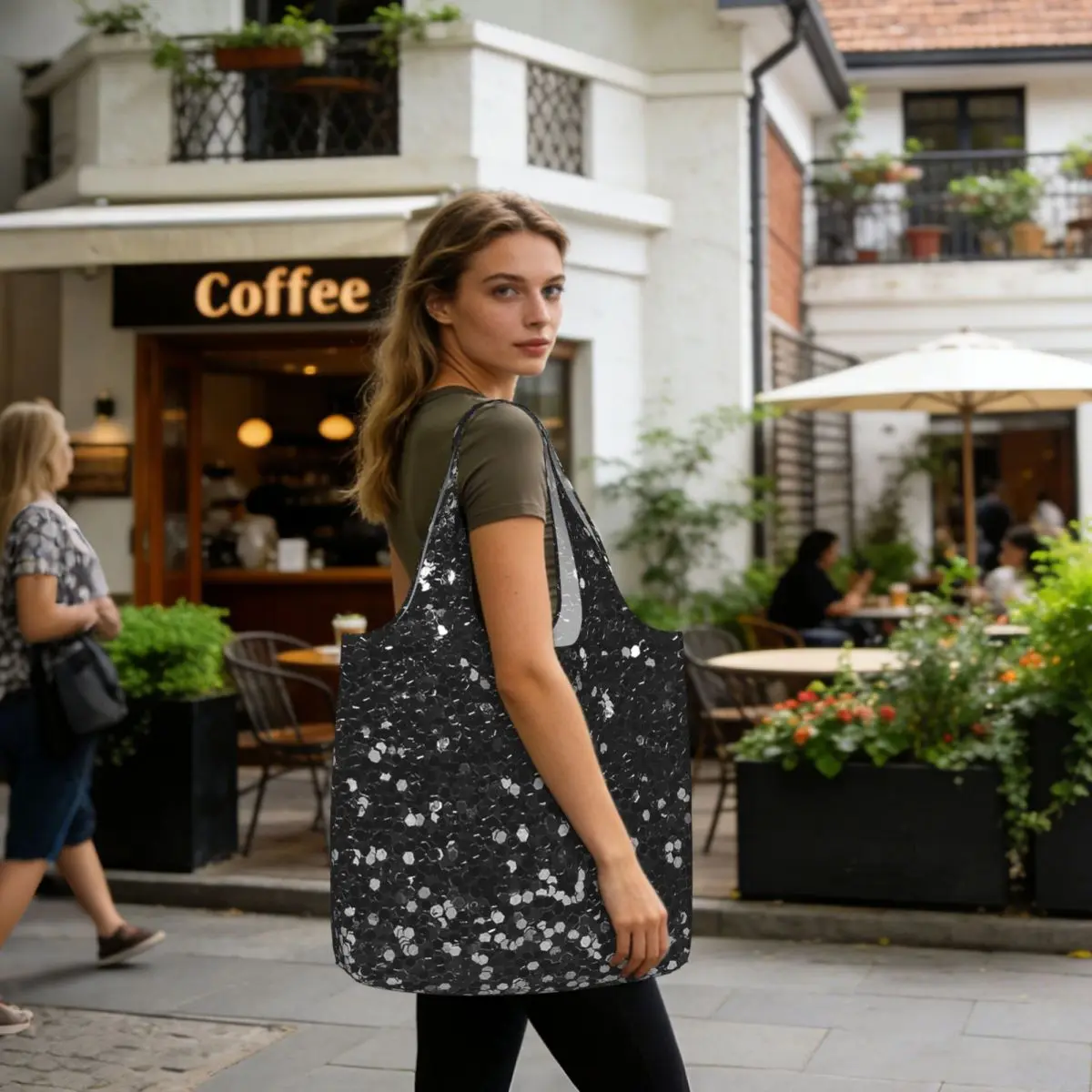 Black Glitter Look Chunky Sequin Shopping Tote Bag Canvas Large Capacity Shoulder Bags Shopper Grocery Handbag for Women