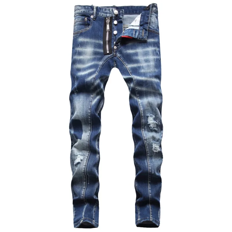 

Men Blue Skinny Denim Jeans Holes Jeans Italian Style Stretch Denim Pants High Quality Male Slim Fit Denim Trousers Size 42