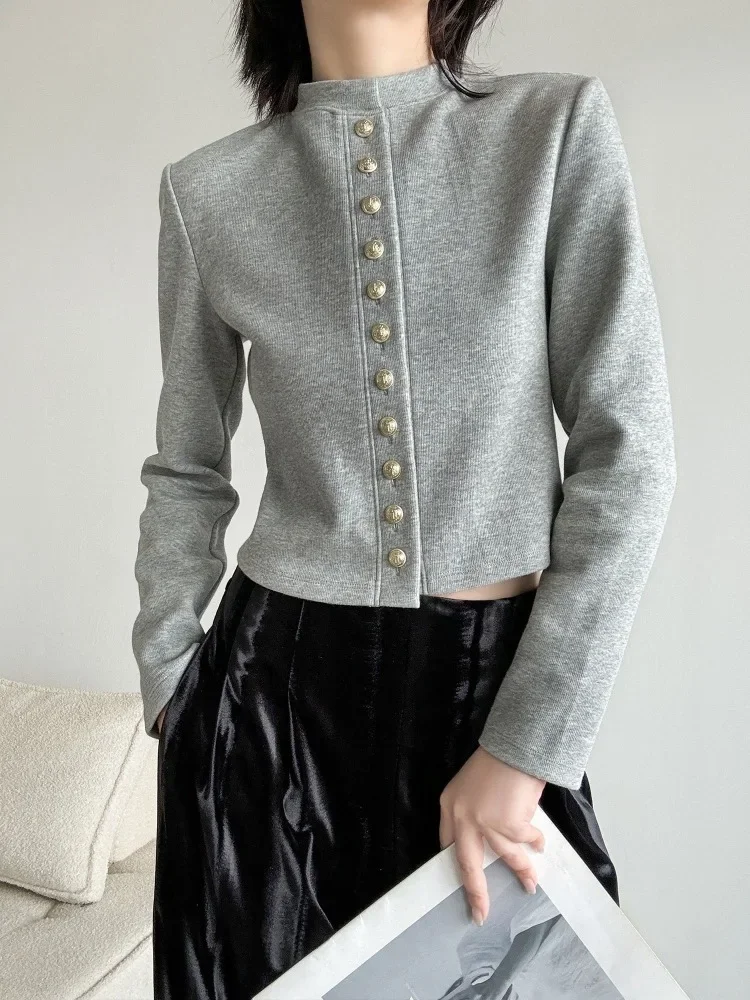 Luxury Cropped Cardigan High-end Metal Button Long Sleeve Short Top Autumn Knitted Cardigan Women Slim Coat Trend Design Jackets