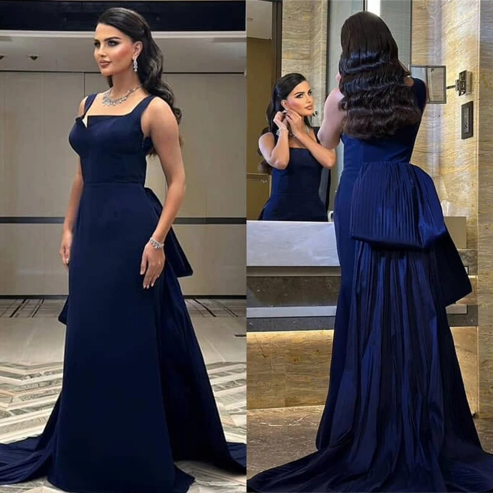 

Customized Elegant Graceful Dark Blue Jersey Evening Dress Delicate Square Collar Spaghetti Straps Special Occasion Gowns