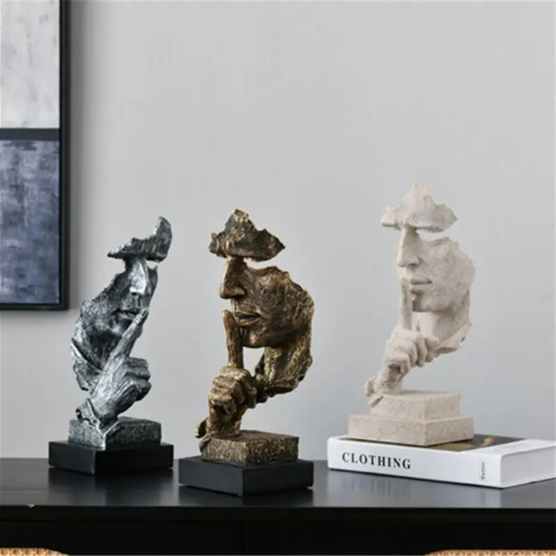 Creative Resin Silence is Golden Mask Statue Abstract Art Ornament Objects Sculpture Statuette Office Vintage Home Decoration