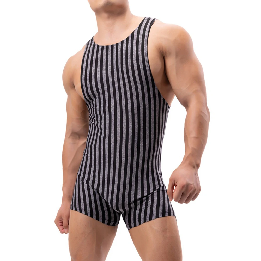 Men's O-Neck Boxers Underwear Jumpsuits Vertical Striped Sleeveless Fitness Bodysuit Tights Sleepwear Male Breathable Lingerie