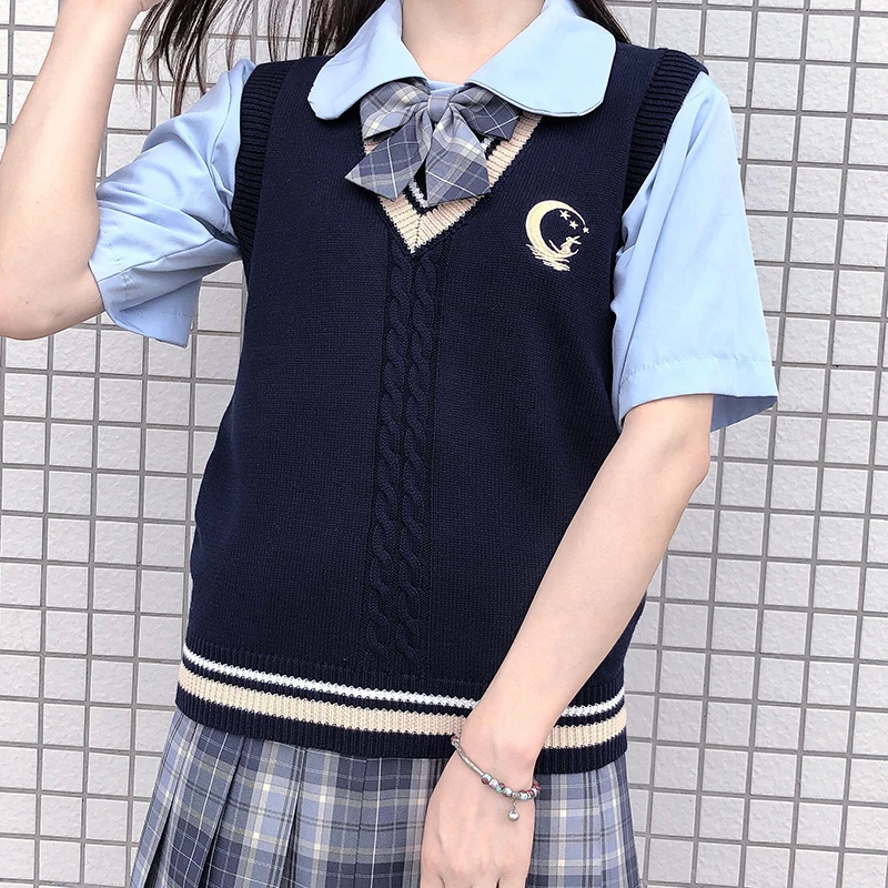 Japanese School Uniform Winter Girl Gyaru Vest Knit Rabbit Embroidery Sweater for JK Uniform Korean College Student Clothes